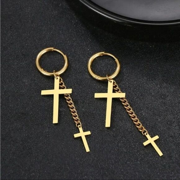 ⭐️ #24A New Gold or Silver Cross Dangle Hoop Earrings - Picture 6 of 10